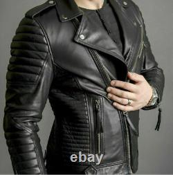 Véritable veste en cuir de mouton noir élégante de motard moto pour hommes, faite main