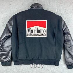 Veste de course vintage Marlboro en cuir et laine style bomber, Championnat du monde, fabriquée aux États-Unis.