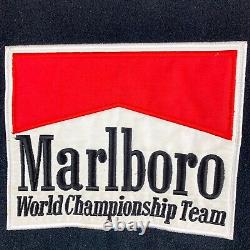 Veste de course vintage Marlboro en cuir et laine style bomber, Championnat du monde, fabriquée aux États-Unis.