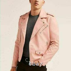 Veste en cuir d'agneau rose véritable pour homme, veste de motard décontractée et élégante