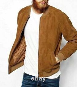 Veste en cuir de mouton véritable marron fait main pour homme, designeur en daim de motocyclette