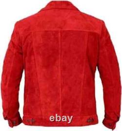 Veste en cuir de mouton véritable rouge en daim fait main élégante pour homme, idéale pour les soirées, conçue par un designer.