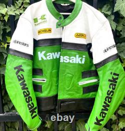 Veste en cuir de vachette verte, blanche et noire pour moto Kawasaki Racing pour homme