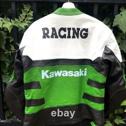 Veste en cuir de vachette verte, blanche et noire pour moto Kawasaki Racing pour homme
