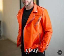 Veste en cuir orange pour homme en véritable peau de mouton, style motard avec ceinture et fermeture éclair 151