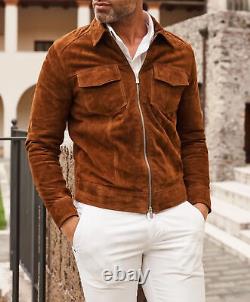 Veste en daim de luxe pour hommes en cuir d'agneau brun foncé 100% souple et élégante décontractée.