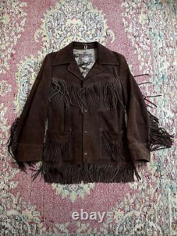 Veste marron de cow-boy western pour homme avec franges en cuir vintage, taille L, fabriquée aux États-Unis.