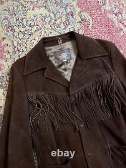 Veste marron de cow-boy western pour homme avec franges en cuir vintage, taille L, fabriquée aux États-Unis.